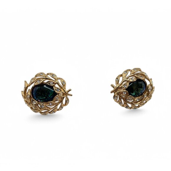 Vintage BUTLER Rhinestone Wreath with Abalone Gold Tone Oval Clip On Earrings - Picture 5 of 10